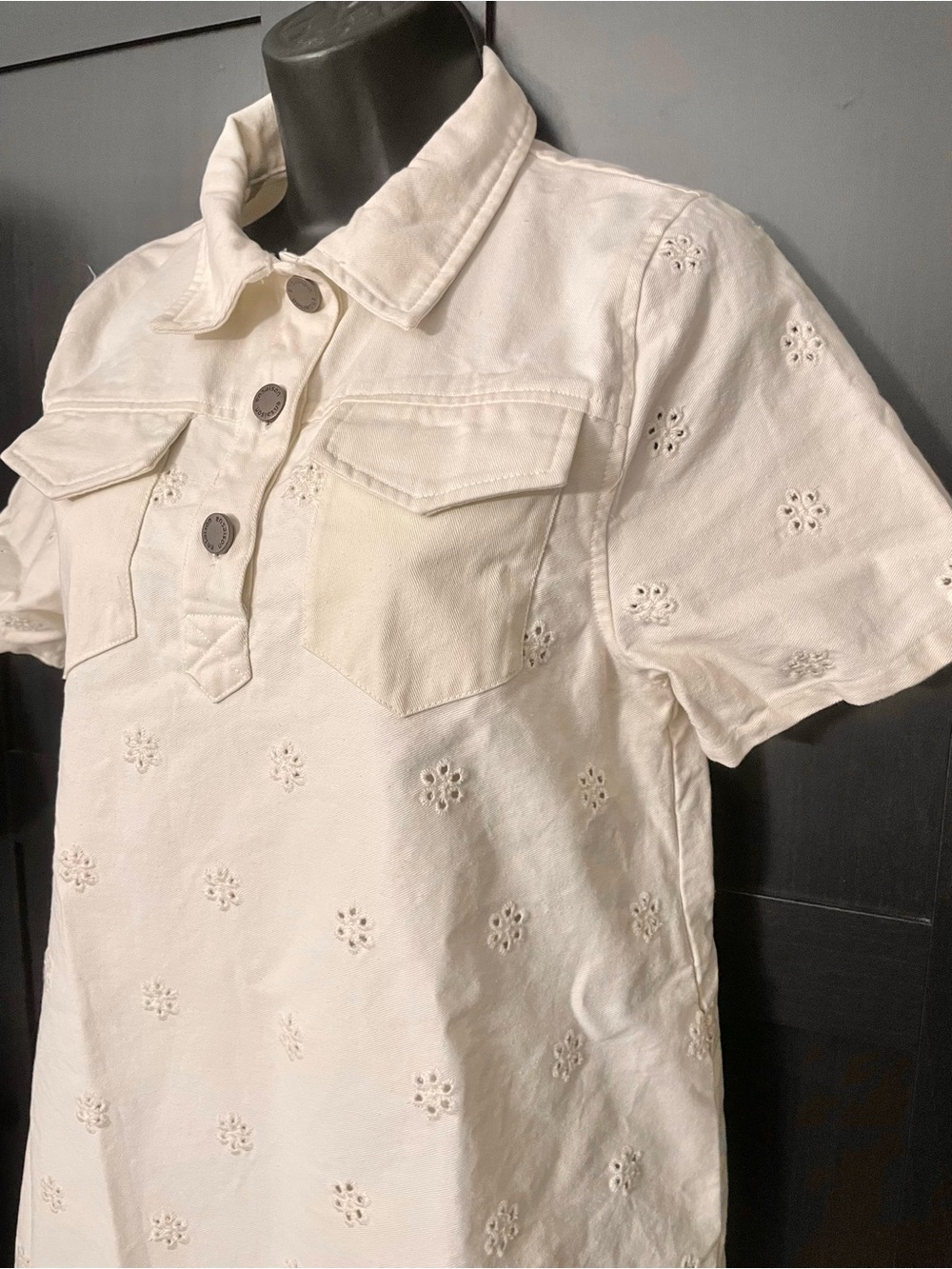 En Saison ~ Designer White Eyelet Polo Denim Button Down Mini Dress - S - Picture 9 of 14